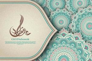 Eid mubarak background soft brown paper and green mandala pattern with frame Vector Premium