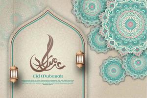 fondo de eid mubarak papel marrón suave y patrón de mandala verde con vector de adorno de linterna