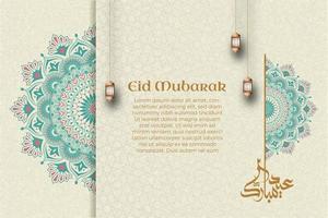 Eid mubarak background soft brown paper and green mandala Premium Vector