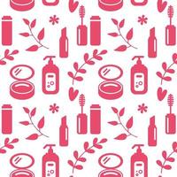 Seamless texture from cosmetics icons and floral elements, pattern, abstract background, wallpaper vector