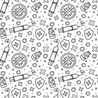 Virus or covid vaccine vector seamless pattern, syringe for injection in doodle style. Black linear print with medicines and a stop sign for coronavirus