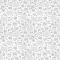 Social networks and dating apps vector linear seamless pattern with message icons, emoticons and hearts.