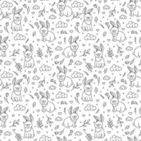 Easter vector linear seamless pattern with bunnies and hearts in Doodle style