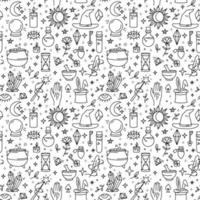 Magic seamless pattern with doodle style icons. Vector black linear witchcraft and mystical symbols. Esoteric items.