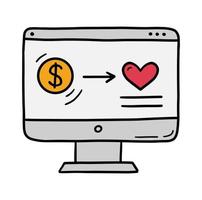 Computer display with money transfer to charity, online donation and fundraising to help. Vector icon in doodle style.