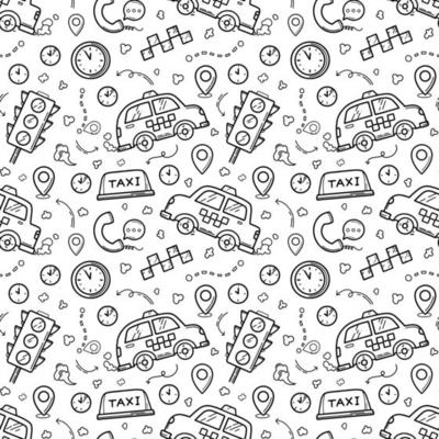 Taxi seamless pattern in the doodle hand drawn style. Black linear traffic light, cars, signs and cab