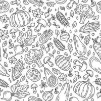 Vector seamless pattern with vegetables and mushrooms for the autumn harvest. Black linear plants in doodle sketch style. Pumpkins, mushrooms and broccoli.