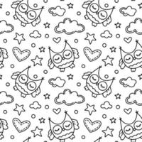 Childrens seamless pattern with owls. Cartoon doodle vector background with with birds and clouds