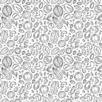 Nuts and Seeds vector seamless pattern with icons in the Doodle style. Black linear walnuts, macadamia, hazelnuts and peanuts