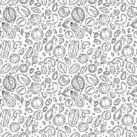 Nuts and Seeds vector seamless pattern with icons in the Doodle style. Black linear walnuts, macadamia, hazelnuts and peanuts