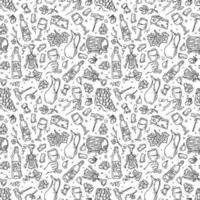 Wine and cheese vector black seamless pattern in Doodle sketch style. Linear grapes and bottles for printing