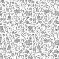 Wine and cheese vector black seamless pattern in Doodle sketch style. Linear grapes and bottles for printing