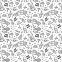 Car wash and detaling seamless pattern with icons in the Doodle style, hand drawing. Auto with high-pressure washer and vacuum cleaner. vector