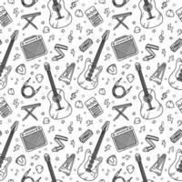 Guitar music seamless pattern in Doodle style. Hand drawn black linear vector classical and electro instruments