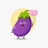 Illustration of cute eggplant character carrying balloon vector