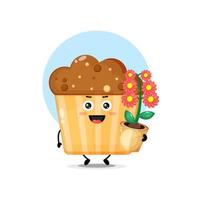 Cute muffin character carrying flowers vector