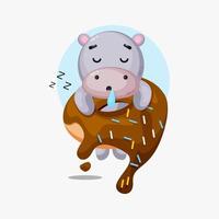 Cute hippo sleeping on a donut icon illustration vector