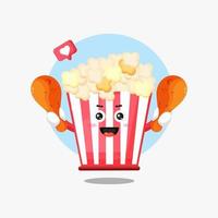 Illustration of cute popcorn character holding fried chicken vector