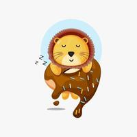 Cute lion sleeping on a donut icon illustration vector