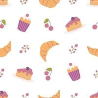 Cupcakes, croissants, cake and berries. Sweets for tea or coffee. Vector seamless pattern