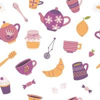 Tea set with sweets, plants. Vector seamless pattern on white background