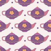 Ceramic teapot with flowers, vector seamless pattern on pink background