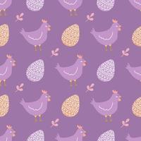Cute chicken with Easter eggs on purple background, vector seamless pattern in flat style