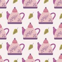 Ceramic teapot decorated with twig with berries, vector seamless pattern on pink background