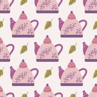 Ceramic teapot decorated with twig with berries, vector seamless pattern on pink background