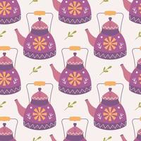 Teapot with ornament, plants, vector seamless pattern on pink background