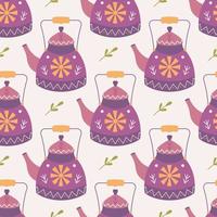 Teapot with ornament, plants, vector seamless pattern on pink background