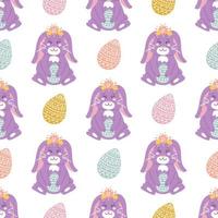 Cute Easter bunny with colorful eggs, festive vector seamless pattern on white background