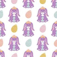 Cute Easter bunny with colorful eggs, festive vector seamless pattern on white background