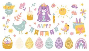 Happy Easter. Set of cute cartoon characters and design elements. Easter eggs, rabbit, chicken and flowers. Vector flat illustration