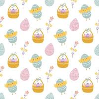 Easter eggs in basket, chicken with flowers, vector seamless pattern on white background