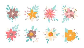 Set of decorative floral design elements. Spring and summer flowers. Colorful flat vector illustration