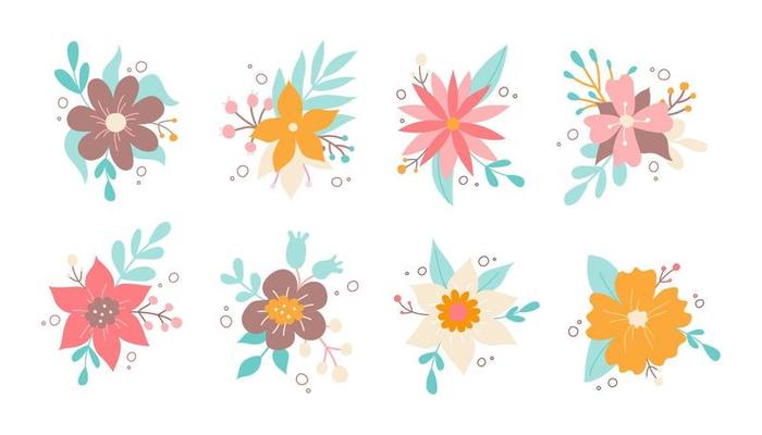 Set of decorative floral design elements. Spring and summer flowers. Colorful flat vector illustration