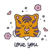 Cute kawaii tiger face with the inscription I love you, vector illustration, print for clothes, postcards and posters