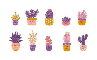 conjunto de lindos cactus de dibujos animados y suculentas con caras divertidas en macetas. ilustración plana vectorial vector
