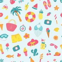 Summer seamless pattern with clothes, palm tree, fruit and ice cream. Vector bright print