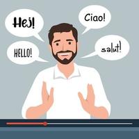 boy speaks various languages, people who have polyglot abilities, teaching online class flat vector illustration character