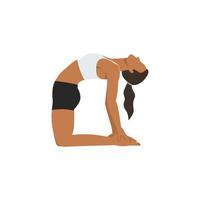 Woman doing camel pose or ustrasana exercise. Flat vector illustration isolated on white background