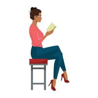 mujer joven lee un libro en la silla. la niña sentada, leyendo un libro y descansando. ilustración de vector de estilo de vida diario femenino. personaje en estilo moderno de arte plano para tu diseño