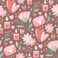 Hand-drawn seamless pattern with flowers and hearts. Creative stylish background for Valentine Day. Colourful floral illustration for paper and gift wrap. Fabric print modern design. vector