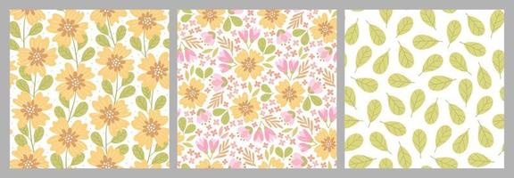 Set of hand-drawn seamless patterns with flowers. Colorful floral illustrations for paper and gift wrap. Fabric print modern design. Creative stylish background. vector