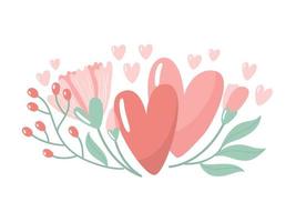 Vector illustration for Valentine day. Two hearts with flowers on white background. Creative greeting card with hand-drawn decorative elements. Elegant feminine design.