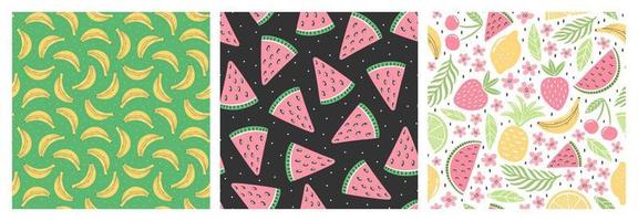 Set of seamless patterns with colorful fruits for textile design. Summer background in bright colors. Hand-drawn trendy vector illustrations.