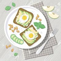 Flat lay vector illustration with healthy breakfast for keto diet. Sandwiches with avocado and boiled eggs on wooden table. Healthy lifestyle concept.