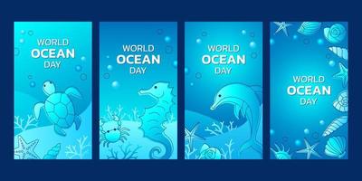 colección de pancartas del día mundial del océano con caballitos de mar, tortugas, delfines y conchas marinas.