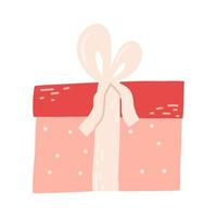 Cute gift box with bow in hand drawn cartoon style, flat vector illustration isolated on white background. Valentines day present.